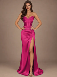 Dusty Blue Strapless Lace Corset Prom Dress with High Slit