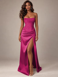 Burgundy Strapless Sparkly Corset Prom Dress with High Slit
