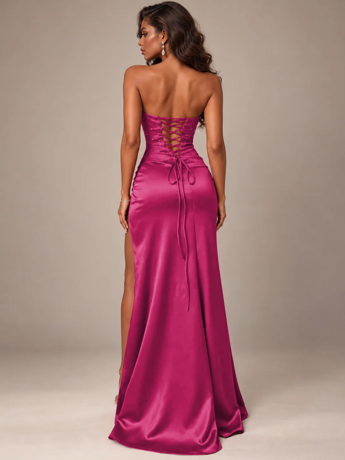 Burgundy Strapless Sparkly Corset Prom Dress with High Slit