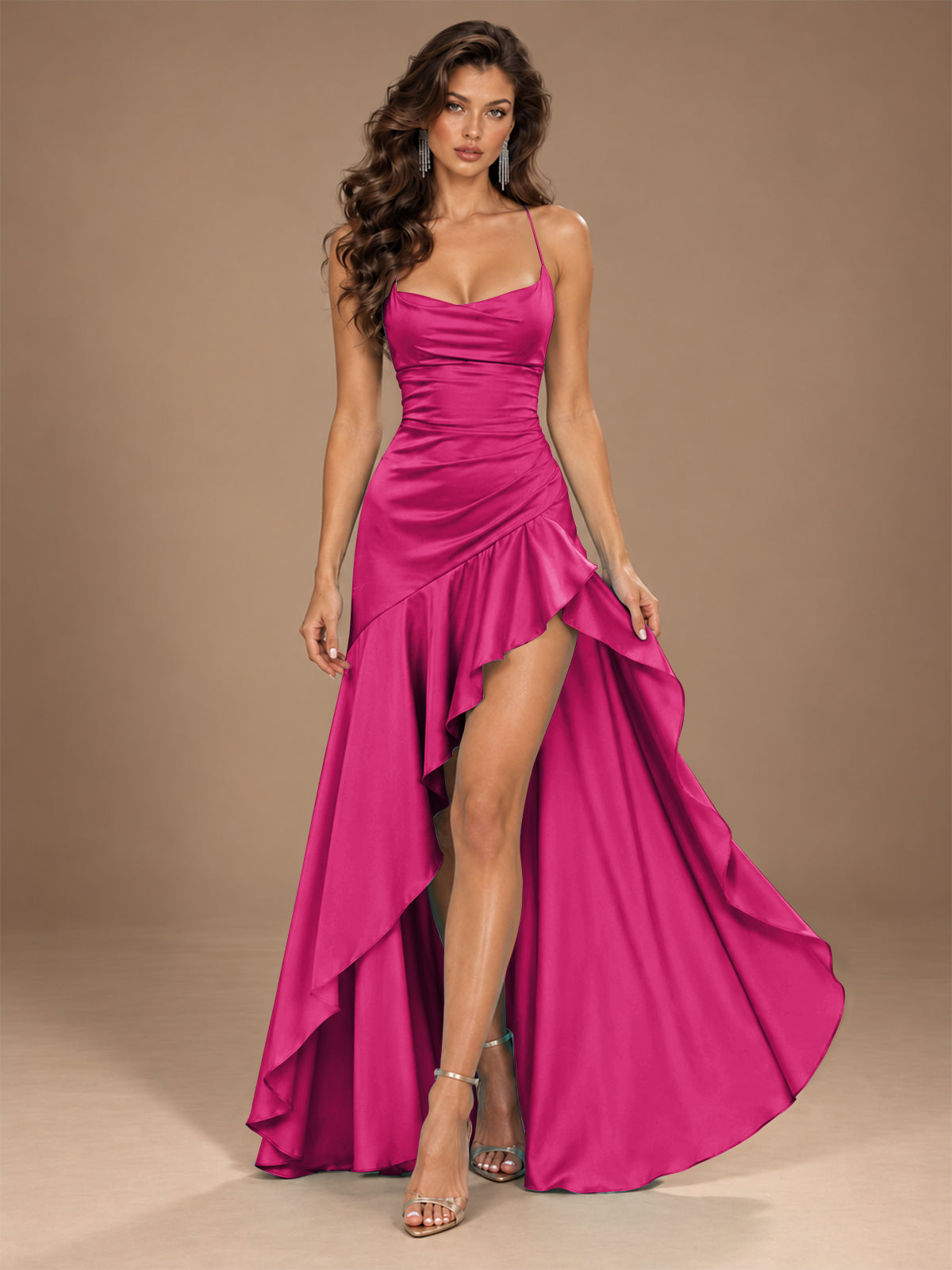 Burgundy Spaghetti Strap Ruched Prom Dress with Ruffled High Slit