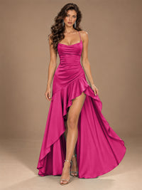 Burgundy Spaghetti Strap Ruched Prom Dress with Ruffled High Slit