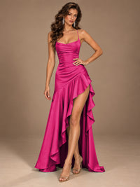 Burgundy Spaghetti Strap Ruched Prom Dress with Ruffled High Slit