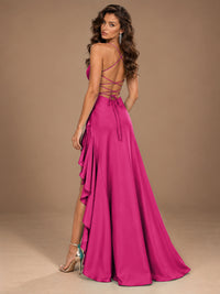 Burgundy Spaghetti Strap Ruched Prom Dress with Ruffled High Slit