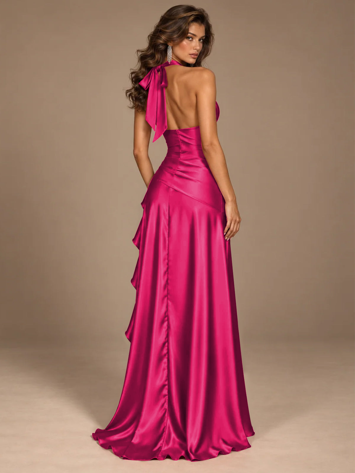 Burgundy Halter Deep V-Neck Ruched High Slit Ruffle Prom Dress