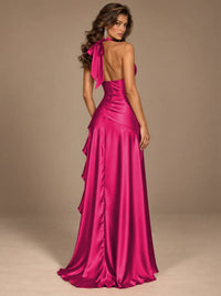 Burgundy Halter Deep V-Neck Ruched High Slit Ruffle Prom Dress