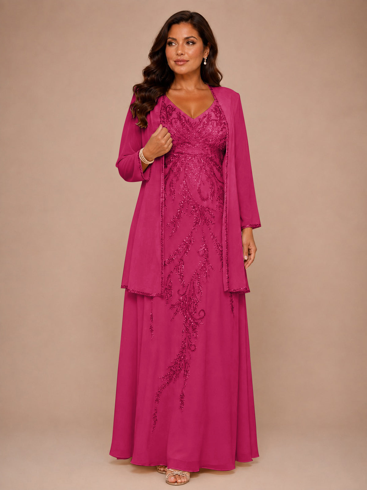 Champagne Beaded Chiffon Mother of the Bride Dress with Jacket V-Neck Gown