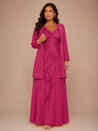 Champagne Beaded Chiffon Mother of the Bride Dress with Jacket V-Neck Gown