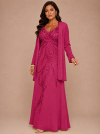 Champagne Beaded Chiffon Mother of the Bride Dress with Jacket V-Neck Gown