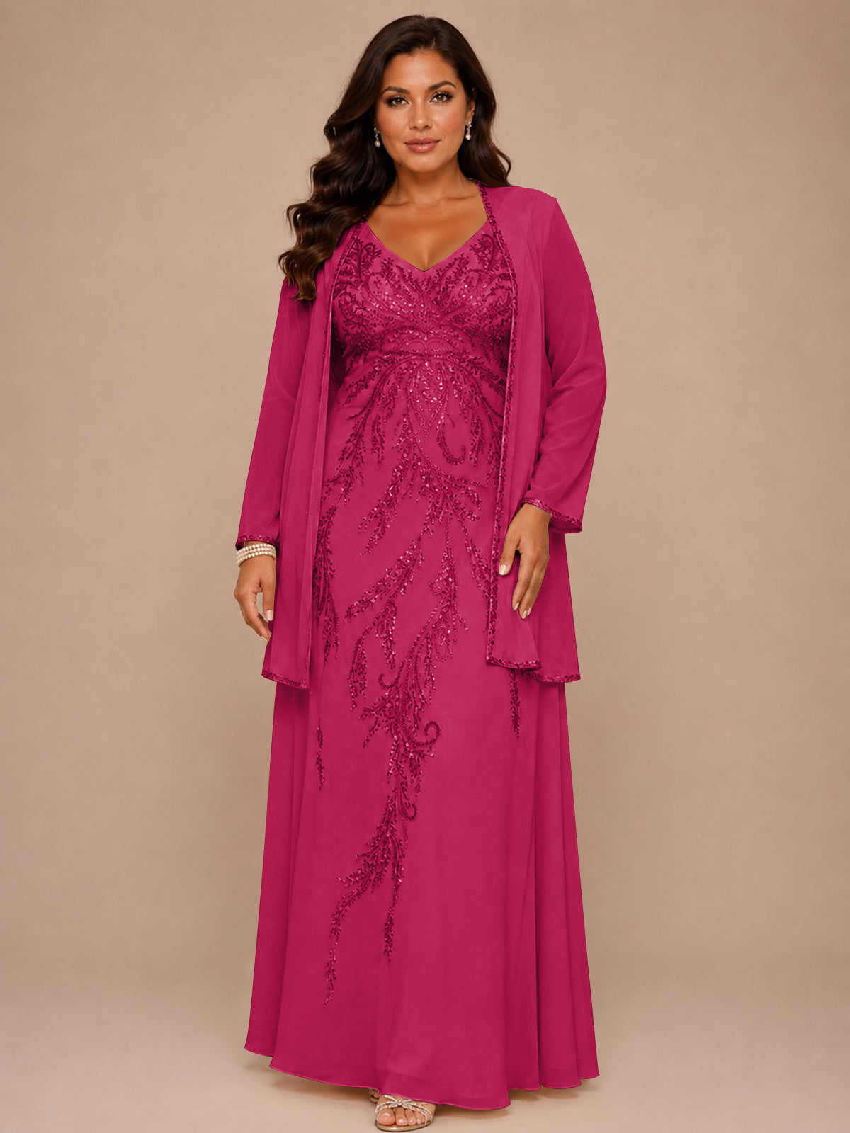 Champagne Beaded Chiffon Mother of the Bride Dress with Jacket V-Neck Gown