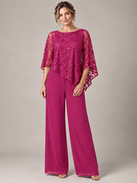 3/4 Sleeve Sequin Chiffon Jumpsuit with Cape