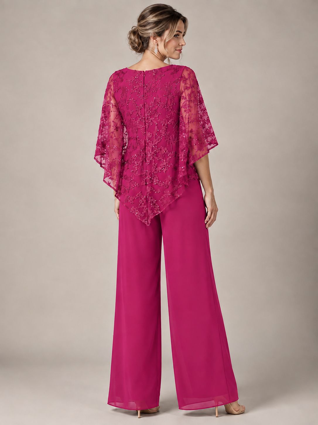 3/4 Sleeve Sequin Chiffon Jumpsuit with Cape