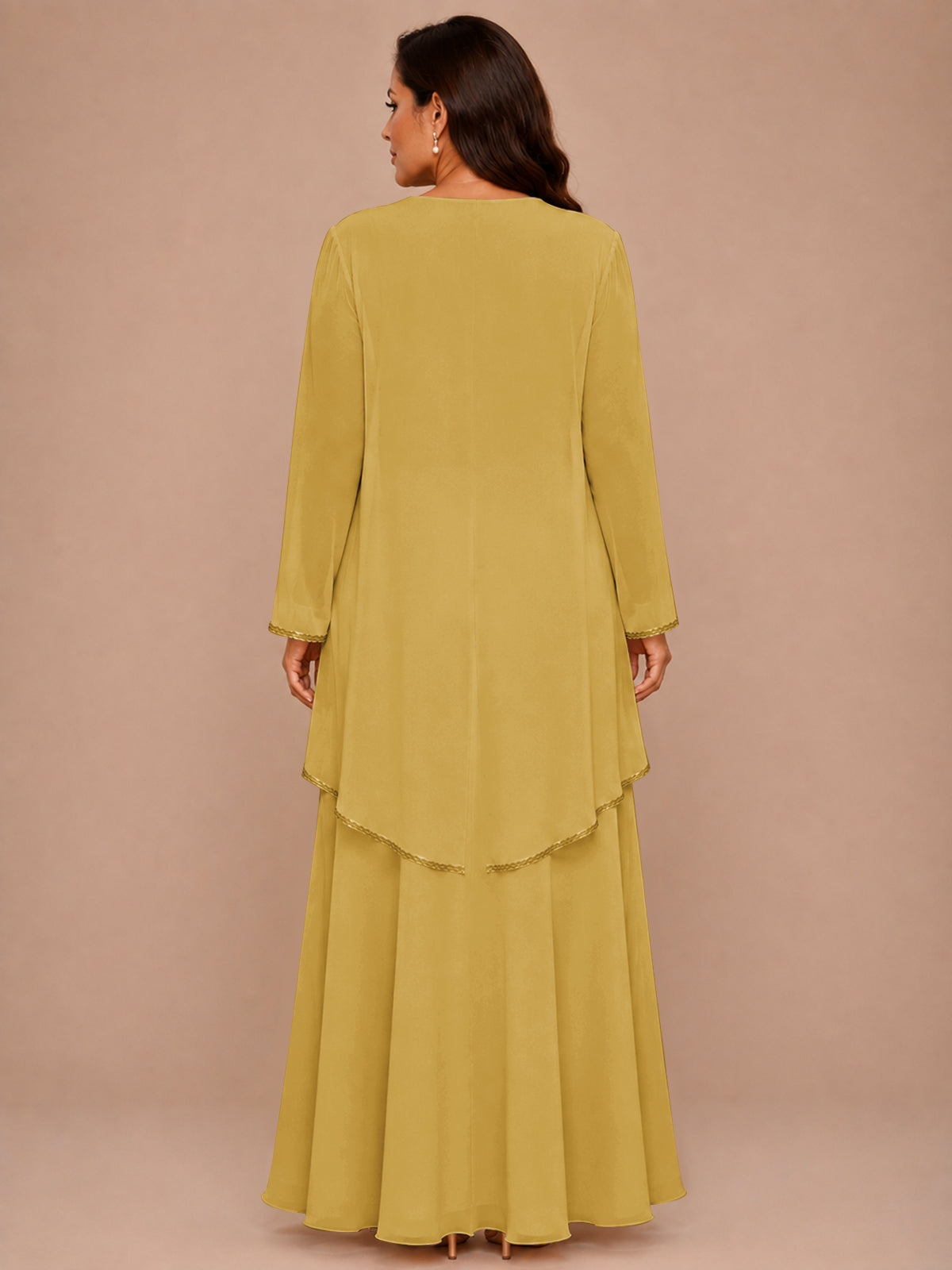 Champagne Beaded Chiffon Mother of the Bride Dress with Jacket V-Neck Gown
