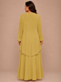 Champagne Beaded Chiffon Mother of the Bride Dress with Jacket V-Neck Gown