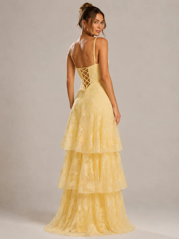 Tiered Ruffles Floral Embroidery Prom Dress