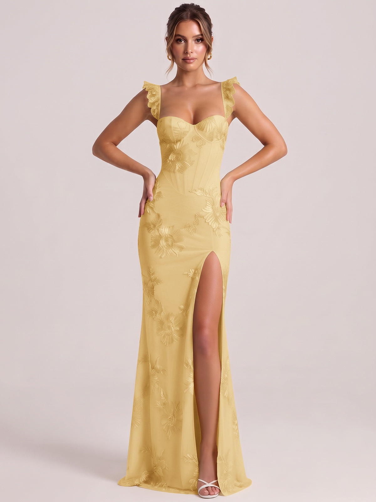 Sweetheart Floral Applique Corset Mermaid Prom Dress with High Slit