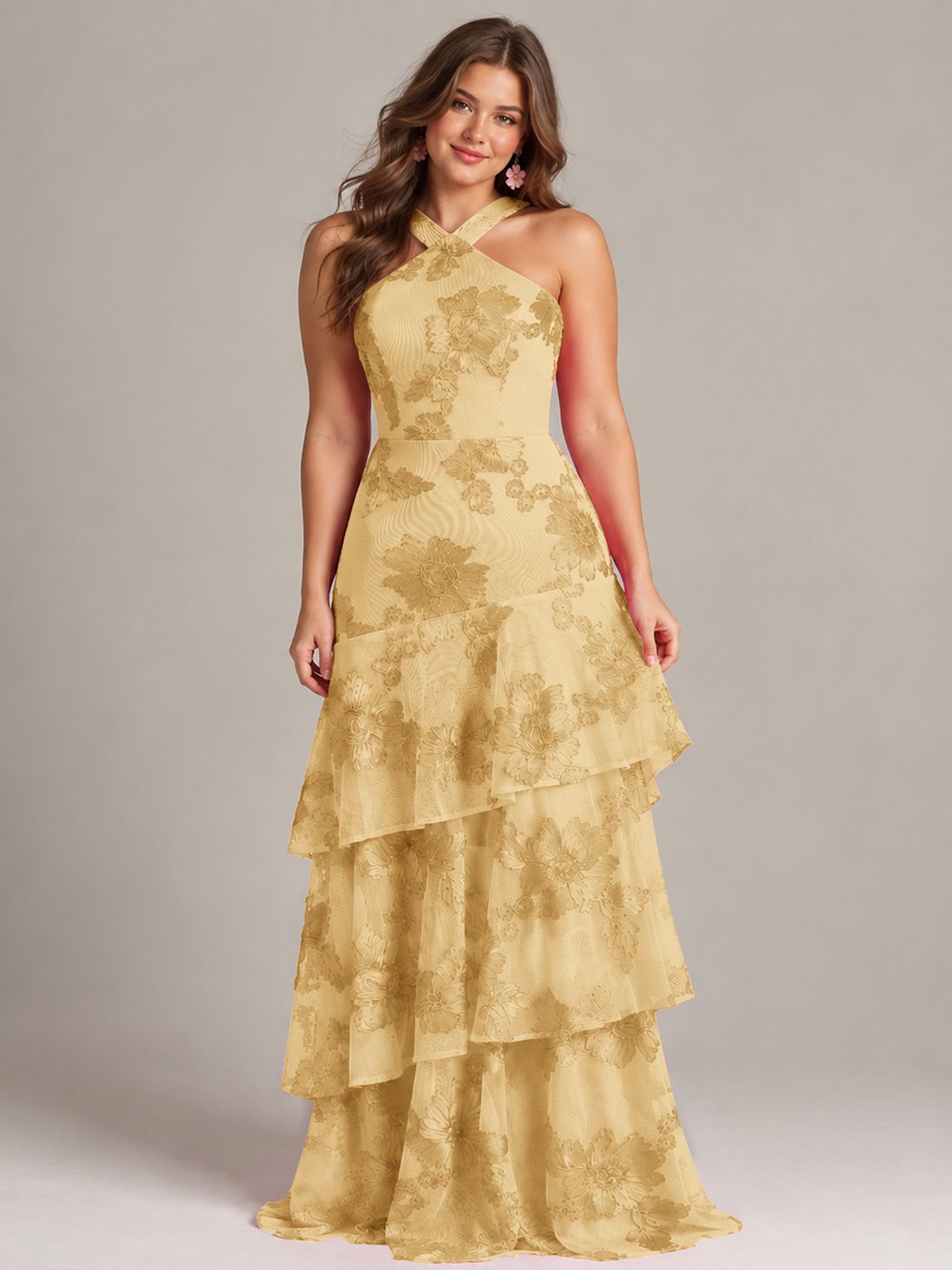Tiered Ruffles Halter Floral Applique Prom Dress
