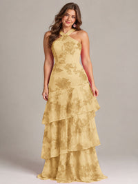 Tiered Ruffles Halter Floral Applique Prom Dress