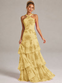 Tiered Ruffles Halter Floral Applique Prom Dress