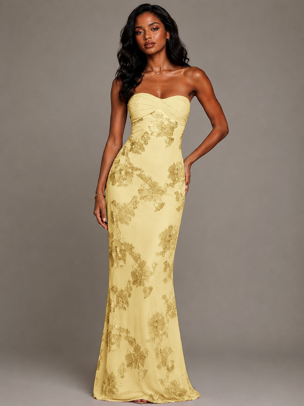 Strapless Floral Applique Mermaid Prom Dress
