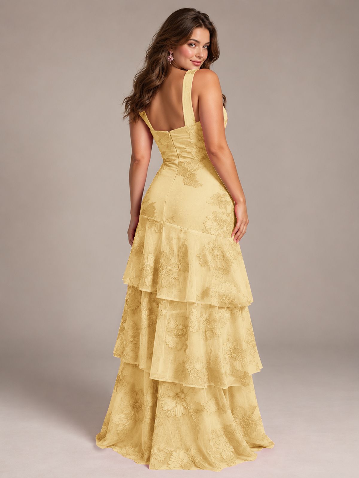 Tiered Ruffles Halter Floral Applique Prom Dress