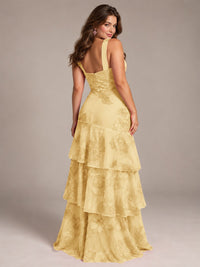 Tiered Ruffles Halter Floral Applique Prom Dress