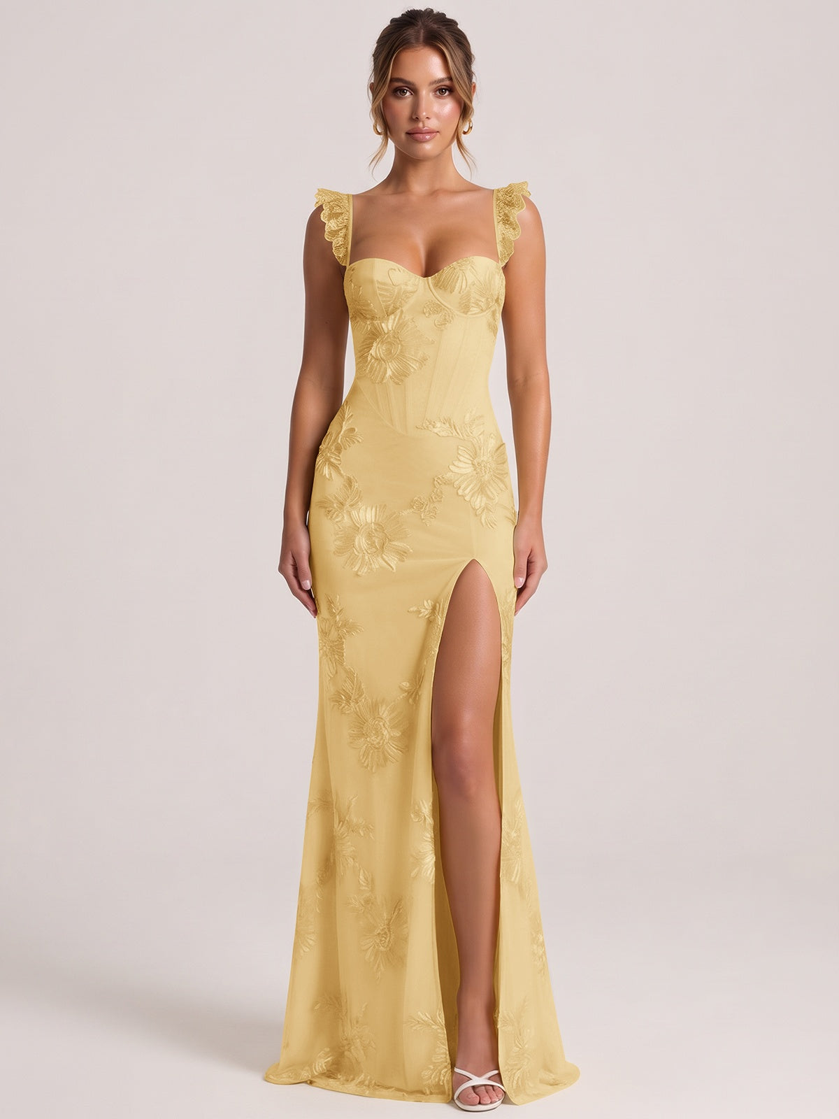 Gold Sweetheart Floral Applique Corset Mermaid Prom Dress with High Slit Long Formal Evening Gown
