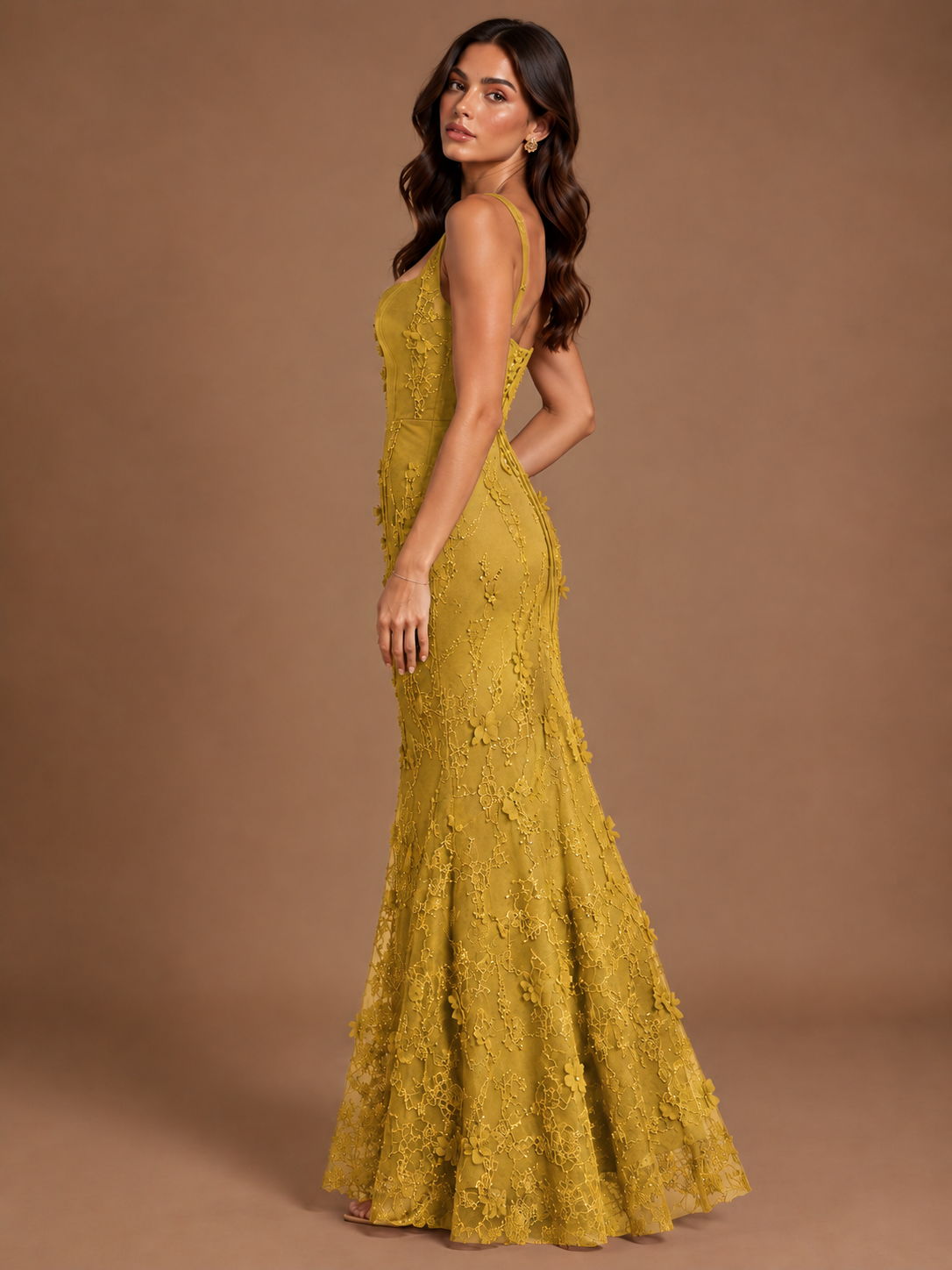 Floral Applique Mermaid Formal Dress with Lace-Up Back