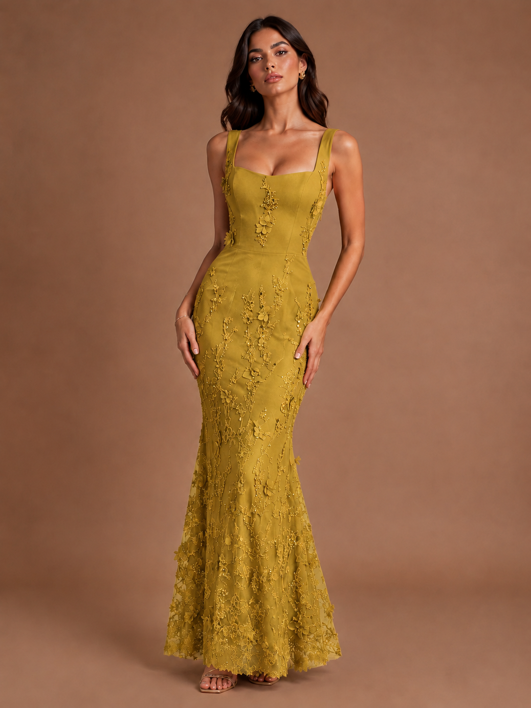 Floral Applique Mermaid Formal Dress with Lace-Up Back