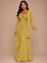 Champagne Beaded Chiffon Mother of the Bride Dress with Jacket V-Neck Gown