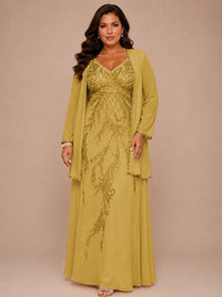 Champagne Beaded Chiffon Mother of the Bride Dress with Jacket V-Neck Gown