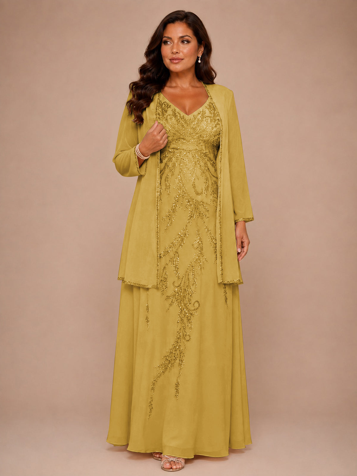 Champagne Beaded Chiffon Mother of the Bride Dress with Jacket V-Neck Gown