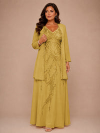 Champagne Beaded Chiffon Mother of the Bride Dress with Jacket V-Neck Gown