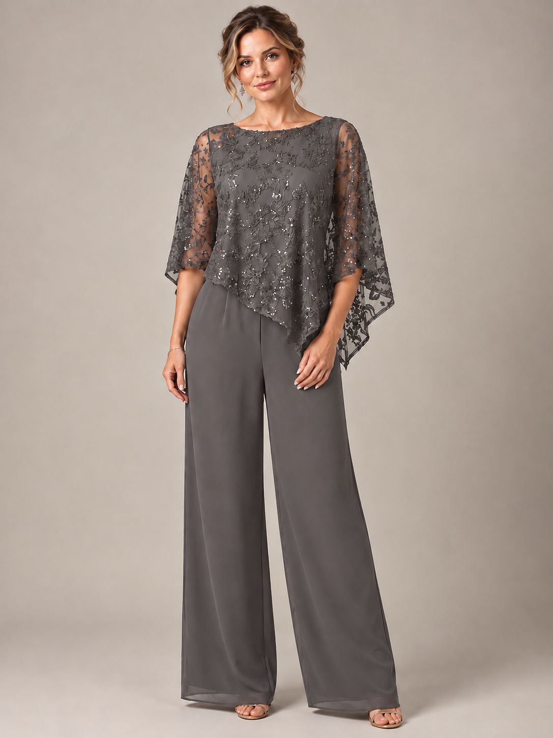 3/4 Sleeve Sequin Chiffon Jumpsuit with Cape