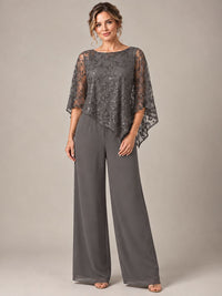 3/4 Sleeve Sequin Chiffon Jumpsuit with Cape