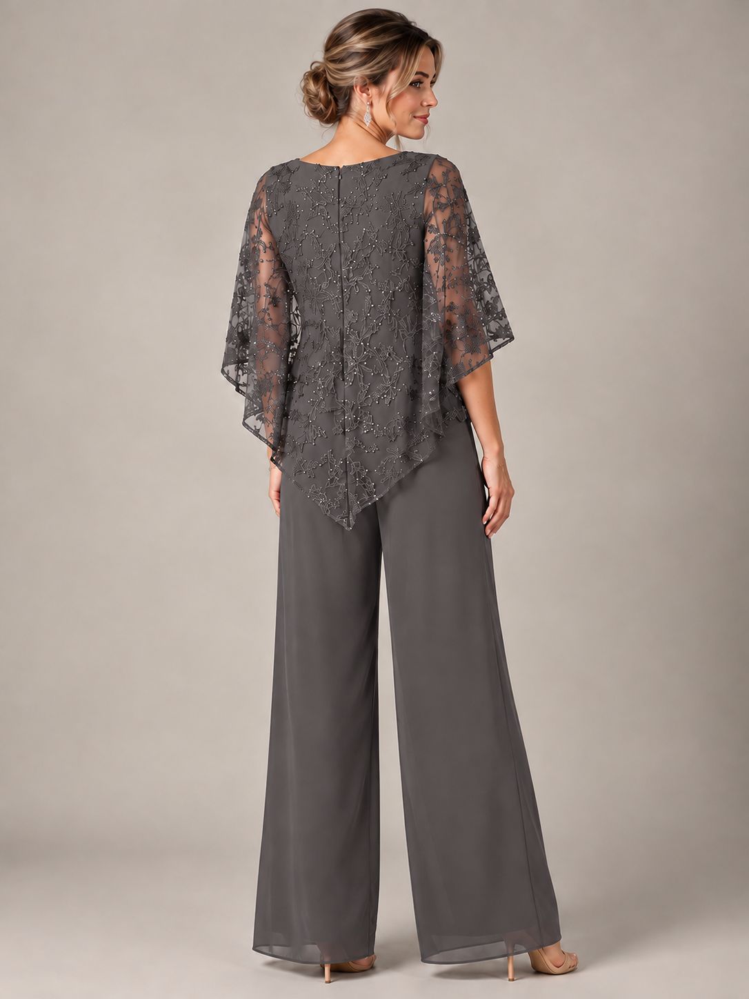 3/4 Sleeve Sequin Chiffon Jumpsuit with Cape
