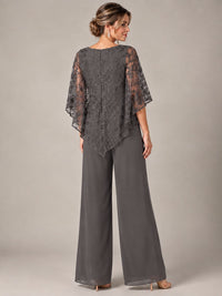 3/4 Sleeve Sequin Chiffon Jumpsuit with Cape