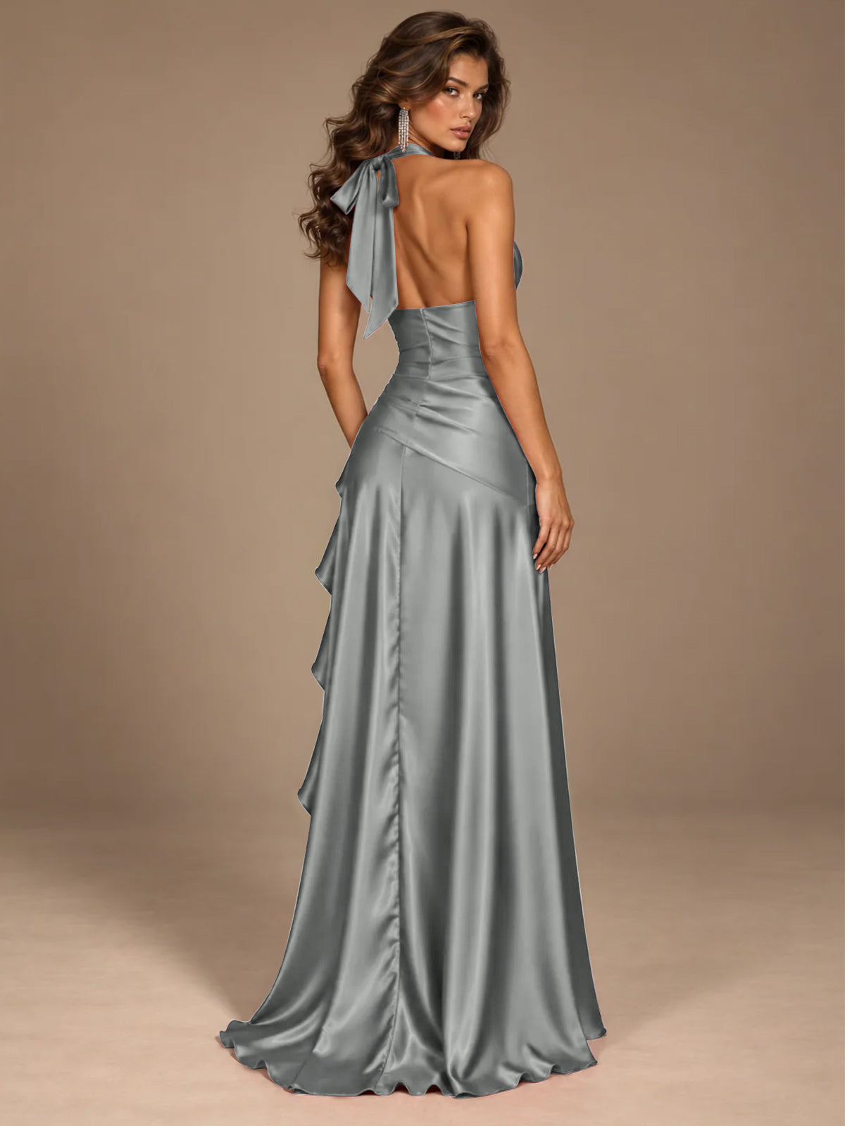 Burgundy Halter Deep V-Neck Ruched High Slit Ruffle Prom Dress