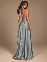 Burgundy Halter Deep V-Neck Ruched High Slit Ruffle Prom Dress