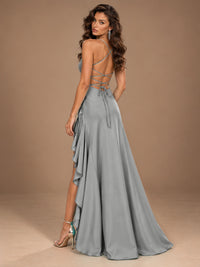 Burgundy Spaghetti Strap Ruched Prom Dress with Ruffled High Slit