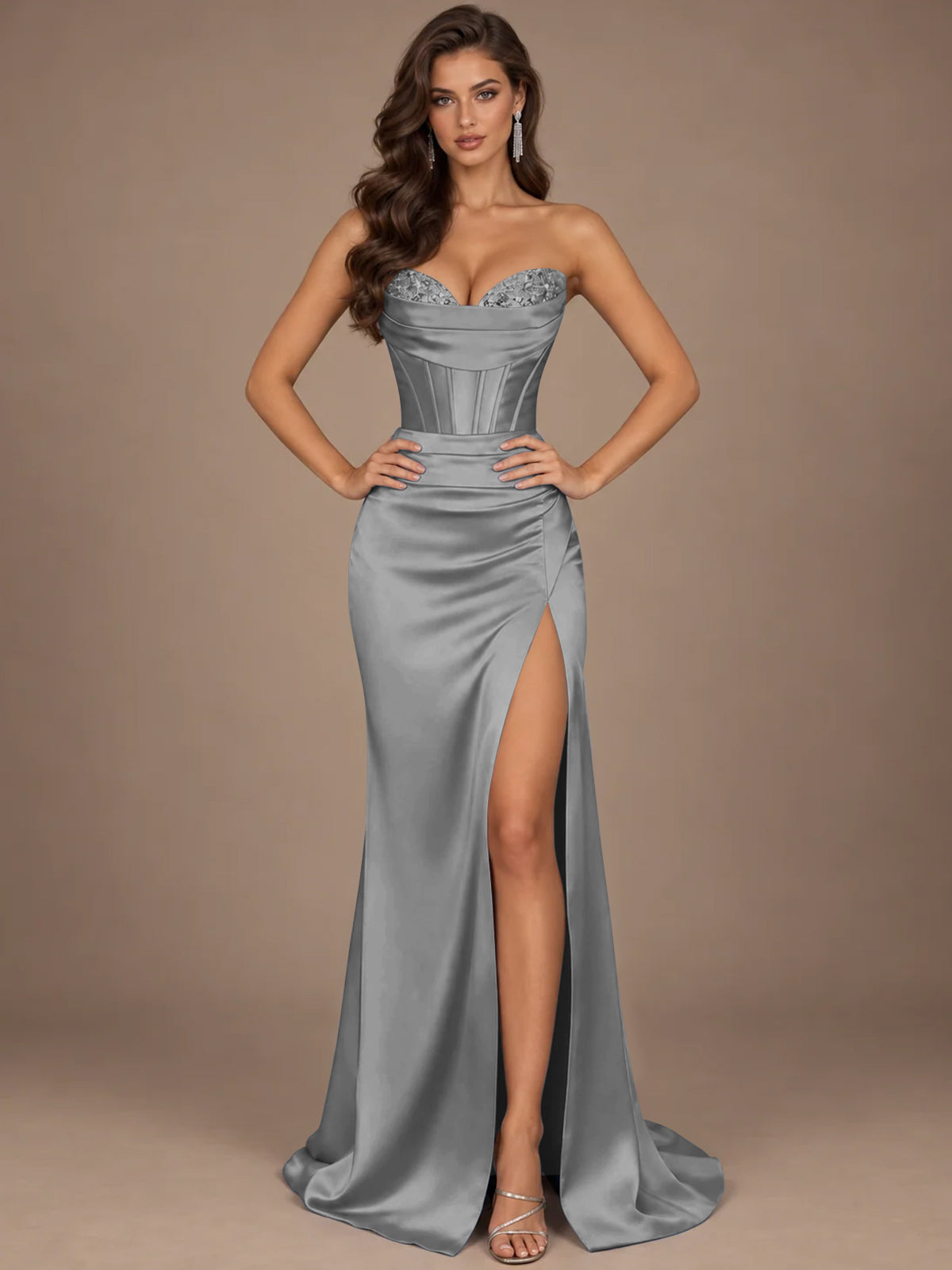 Dusty Blue Strapless Lace Corset Prom Dress with High Slit