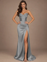 Dusty Blue Strapless Lace Corset Prom Dress with High Slit