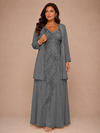 Champagne Beaded Chiffon Mother of the Bride Dress with Jacket V-Neck Gown