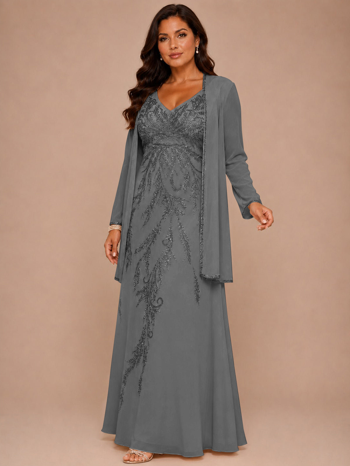 Champagne Beaded Chiffon Mother of the Bride Dress with Jacket V-Neck Gown