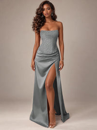 Burgundy Strapless Sparkly Corset Prom Dress with High Slit