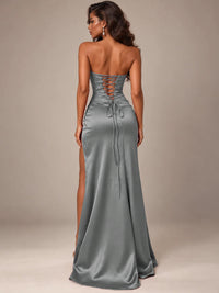Burgundy Strapless Sparkly Corset Prom Dress with High Slit