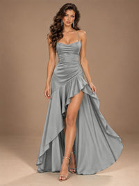Burgundy Spaghetti Strap Ruched Prom Dress with Ruffled High Slit