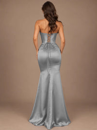 Dusty Blue Strapless Lace Corset Prom Dress with High Slit