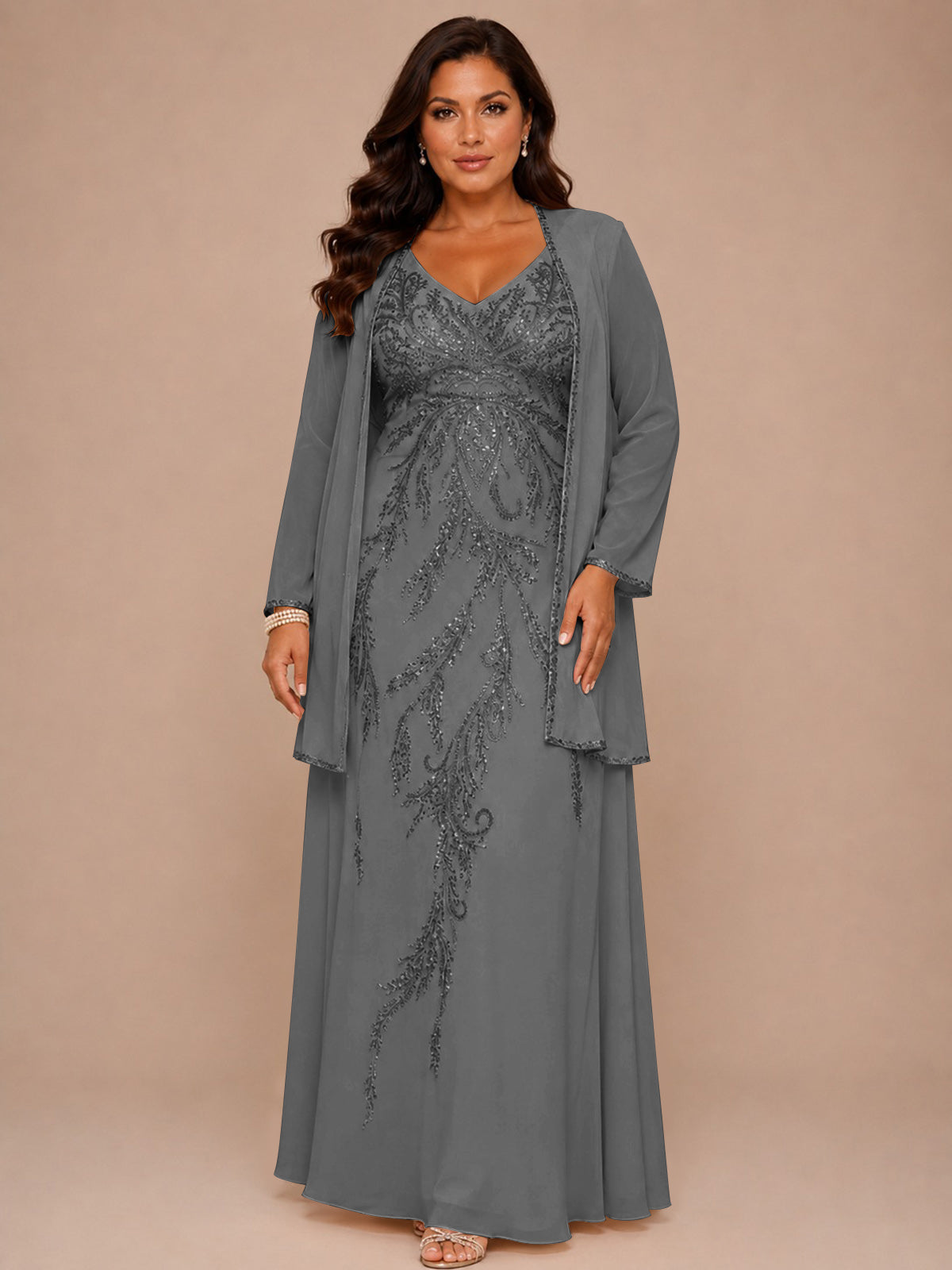 Champagne Beaded Chiffon Mother of the Bride Dress with Jacket V-Neck Gown