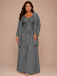 Champagne Beaded Chiffon Mother of the Bride Dress with Jacket V-Neck Gown