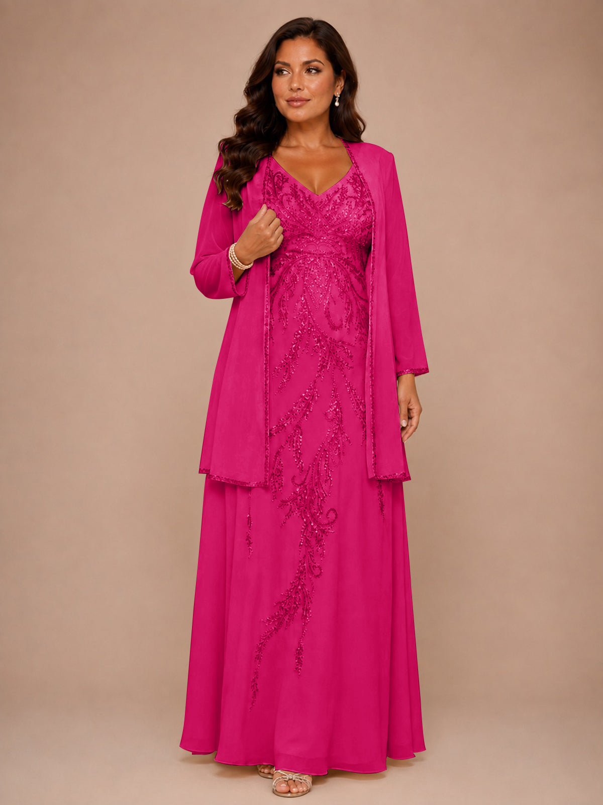 Champagne Beaded Chiffon Mother of the Bride Dress with Jacket V-Neck Gown